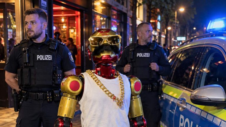 Czerwono-złoty robot w okularach i z wąsem obok policjantów oraz radiowozu — ilustracja AI na podstawie fotografii Policji w Kolonii