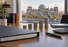 Niemcy mają zapłacić ponad 80 mld euro odsetek w 2030 roku. Koszty długu niemal się podwoją Rosnące stosy monet euro na tle Bundestagu