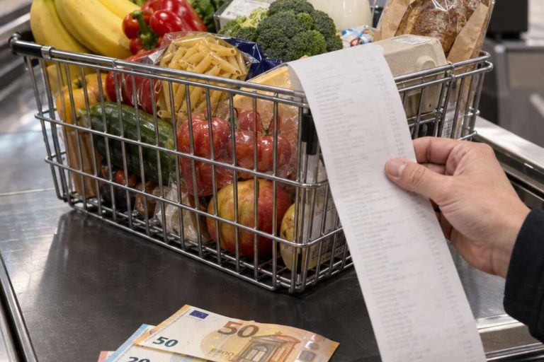 Koszyk pełen zakupów, paragon i banknoty euro przy kasie w supermarkecie