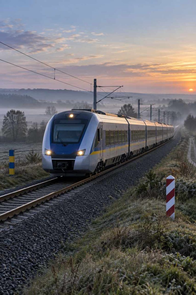 Pociąg pasażerski na trasie przy granicy Polski i Ukrainy – zdjęcie ilustracyjne AI