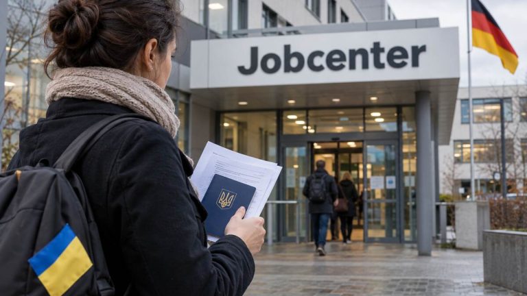 Kobieta z ukraińskim paszportem przed niemieckim Jobcenter