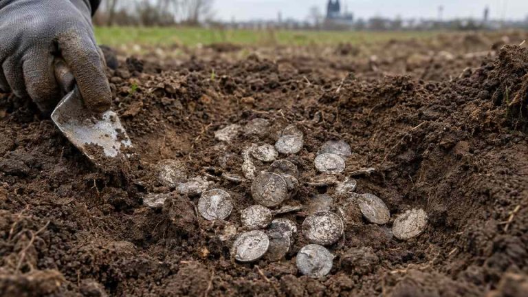 Rzymskie srebrne monety odkryte w ziemi na polu pod Kolonią