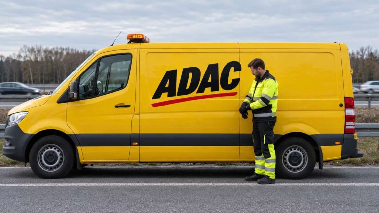 Żółty samochód pomocy drogowej ADAC z widocznym logo