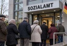 Niemcy: Ponad co trzeci pobierający świadczenie socjalne na starość jest cudzoziemcem! Ich liczba wzrosła o 83 proc. Seniorzy przed wejściem do niemieckiego urzędu socjalnego z napisem Sozialamt