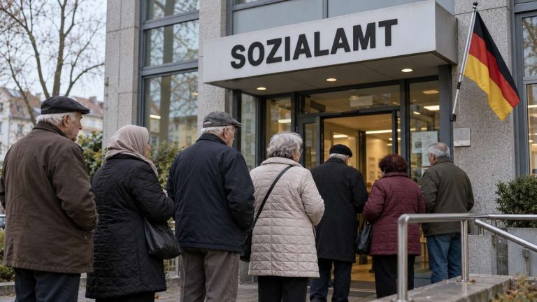 Seniorzy przed wejściem do niemieckiego urzędu socjalnego z napisem Sozialamt