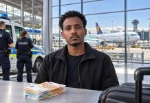 Somalijczyk podejrzewany o planowanie ataków na policjantów dostał 5 tys. euro za wyjazd z Niemiec! Ilustracja AI: fikcyjna postać Somalijczyka z całą twarzą widoczną, policja i lotnisko w tle