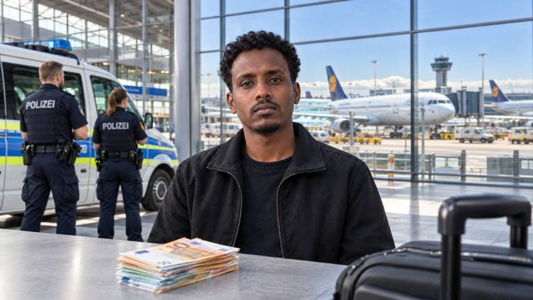 Ilustracja AI: fikcyjna postać Somalijczyka z całą twarzą widoczną, policja i lotnisko w tle