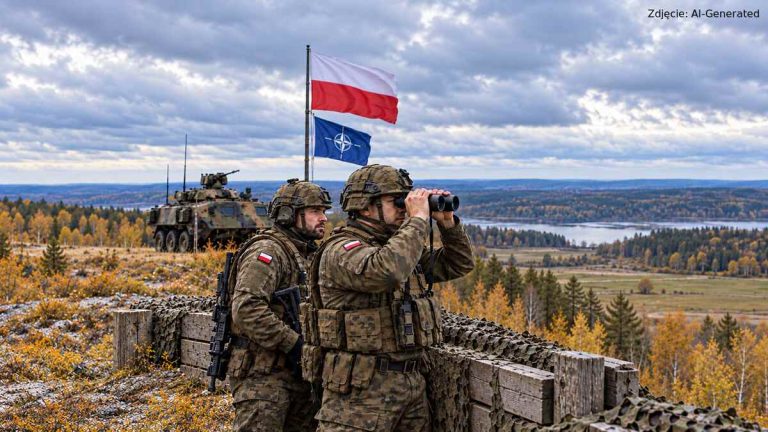 Dwaj żołnierze obserwują wschodnią flankę NATO przez lornetkę