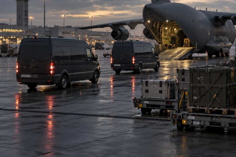 Samolot transportowy i pojazdy na lotnisku – ilustracja do artykułu o wypowiedzi lidera AfD