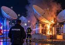 Zamach na Starlink w Bułgarii! W Niemczech zatrzymano dwóch 19-latków podejrzanych o podpalenie anten Ilustracja AI: bułgarski policjant i strażak przy płonącej instalacji anten satelitarnych.