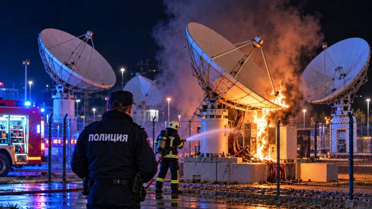 Ilustracja AI: bułgarski policjant i strażak przy płonącej instalacji anten satelitarnych.