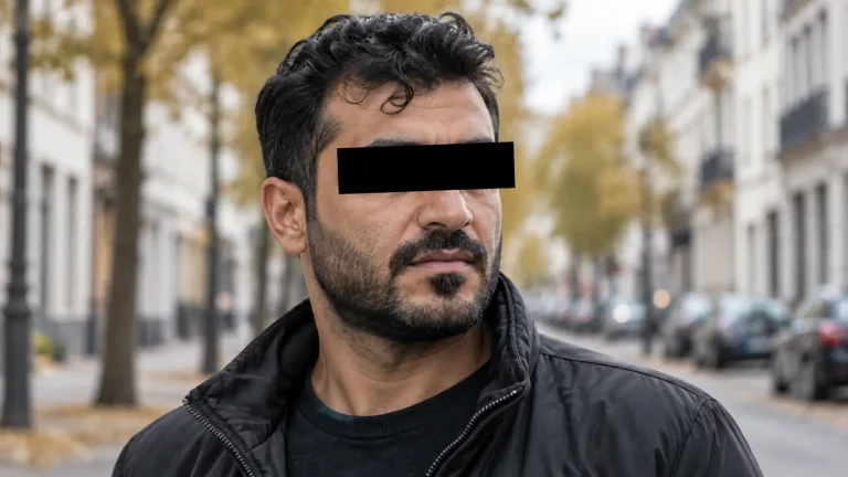 Symboliczny portret anonimowego mężczyzny z zasłoniętymi oczami; ilustracja wygenerowana przez AI