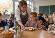 Dzieci przychodzą do szkoły głodne, a Dortmund wycofuje dopłaty do ich śniadań! Pracownica podaje uczennicy szkolne śniadanie — ilustracja AI
