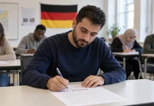 Kupowali odpowiedzi do testów z niemieckiego! Niemcy zaostrzą egzaminy językowe dla imigrantów Ilustracja AI: dorosły uczestnik pisze test z niemieckiego w sali egzaminacyjnej
