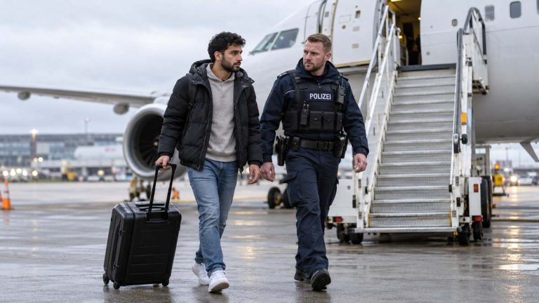 Ilustracja AI: podróżny z walizką i policjant przy samolocie