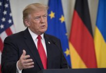 Trump żąda od Europy zwrotu pieniędzy za pomoc Ukrainie. Na Niemcy mogłoby przypaść nawet 46 mld dolarów Donald Trump na tle flag USA, Unii Europejskiej, Niemiec i Ukrainy