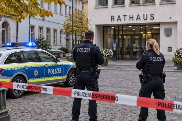 Ilustracja AI: policjanci zabezpieczają teren przy niemieckim ratuszu