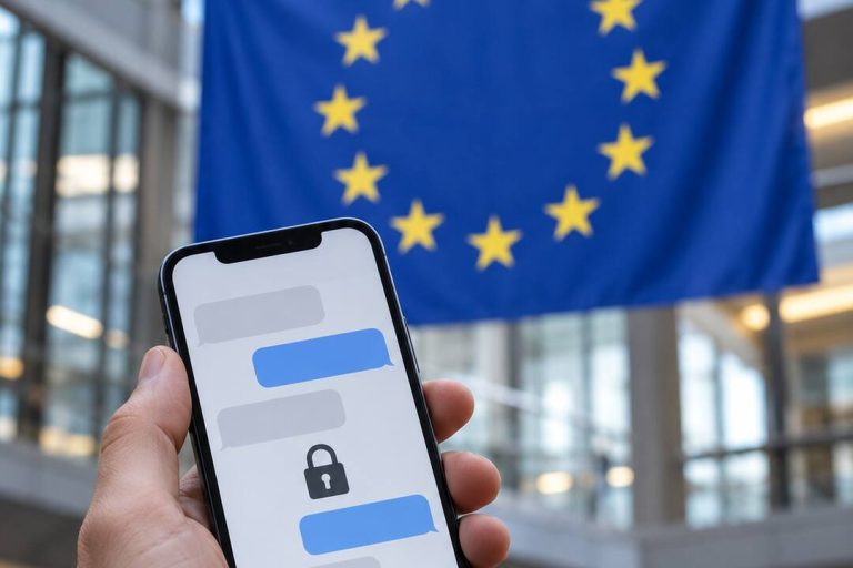 Smartfon z prywatnym czatem na tle flagi Unii Europejskiej