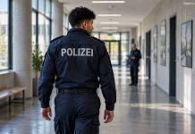 „Zemszczę się na Niemcach”! Taką groźbę miał rzucić przyszły policjant w Berlinie Zdjęcie: AI-Generated. Symboliczna ilustracja młodego dorosłego w mundurze POLIZEI na korytarzu szkoły policyjnej.