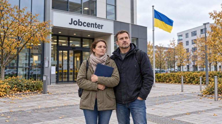 Ukraińscy uchodźcy przed Jobcenter w Niemczech — ilustracja