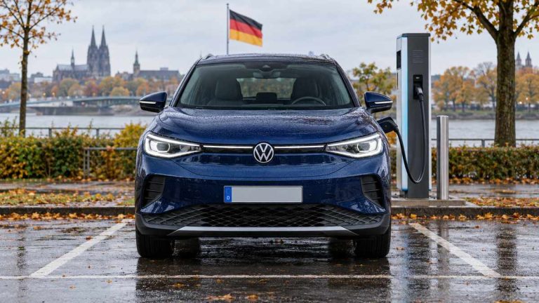 Ilustracja AI: Volkswagen ID.4 przy ładowarce na zewnątrz, z widocznym logo VW i niemiecką flagą.