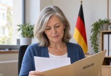 Niemcy: Opieka nad dziećmi ma mniej liczyć się do wcześniejszej emerytury? CDU/CSU rozważa zmianę Ilustracja AI: kobieta przegląda teczkę RENTE, w tle niemiecka flaga