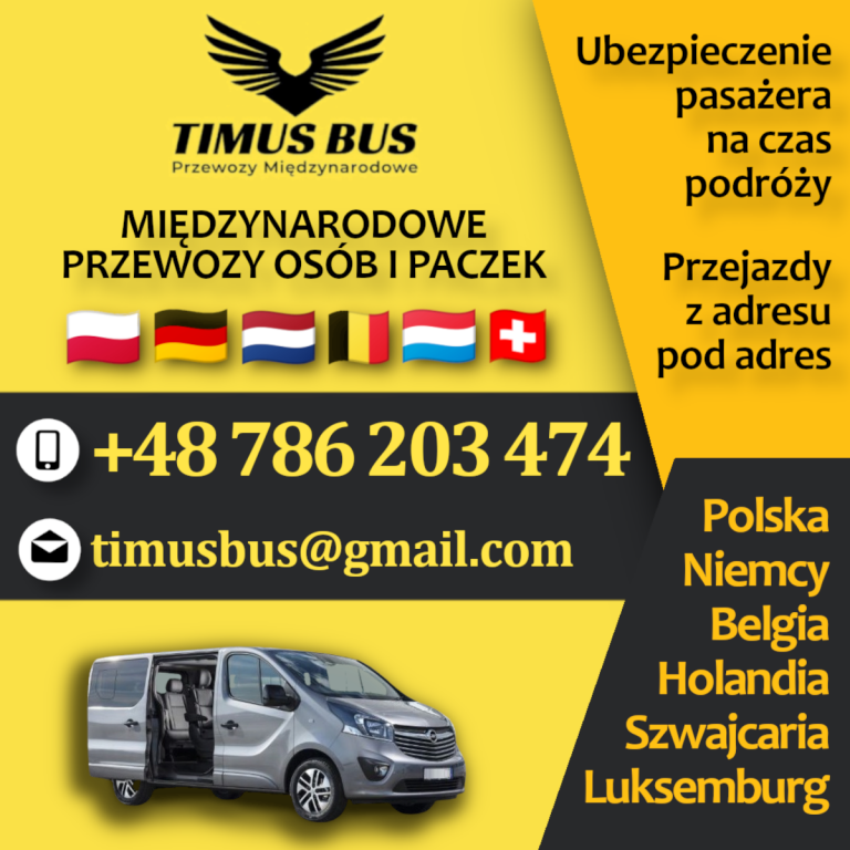 Timus Bus – Przewozy Międzynarodowe do Niemiec, Belgii, Holandii i Szwajcarii.