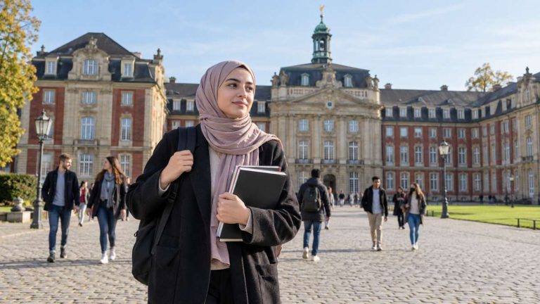 Studentka w chuście przed gmachem Uniwersytetu w Münsterze — zdjęcie wygenerowane przez AI