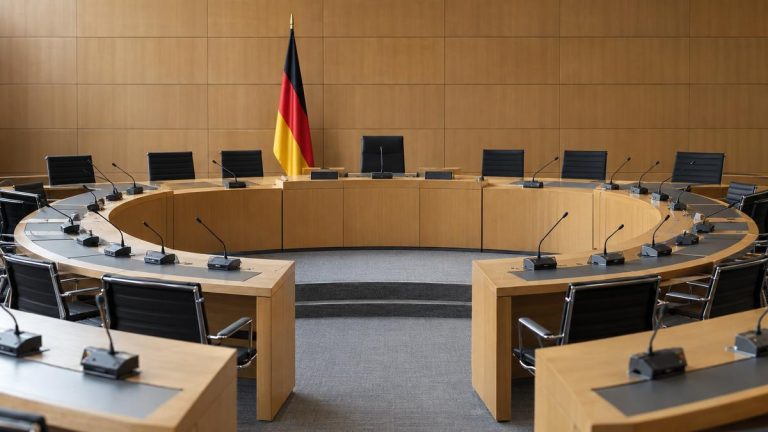 Ilustracyjne zdjęcie sali posiedzeń parlamentarnych z niemiecką flagą