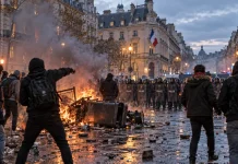 Zamieszki jak we Francji także w Niemczech? Eksperci ostrzegają przed podobną falą przemocy! Ilustracja zamieszek na francuskiej ulicy: policja, płomienie i flaga Francji