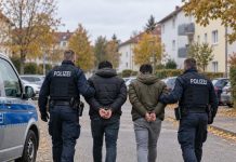 Dwóch Turków zatrzymanych w Niemczech! Są podejrzani o podpalenie stacji Starlink w Polsce Ilustracja AI: niemieccy policjanci prowadzą dwóch anonimowych mężczyzn obok radiowozu