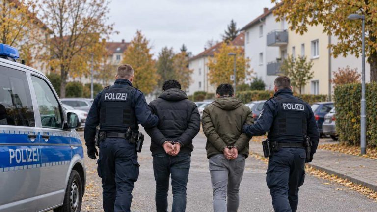Ilustracja AI: niemieccy policjanci prowadzą dwóch anonimowych mężczyzn obok radiowozu