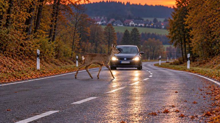 Sarna przed samochodem na leśnej drodze — ilustracja AI