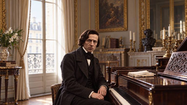 Fryderyk Chopin przy fortepianie — ilustracja AI