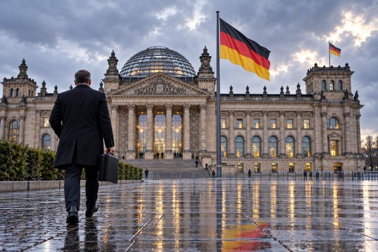 Ilustracja AI: anonimowy mężczyzna przed Reichstagiem, niemiecka flaga pośrodku kadru