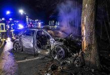 Niemcy: Koszmar podczas wyprzedzania. Auto elektryczne zapaliło się po uderzeniu w drzewo, spłonęły dwie osoby
