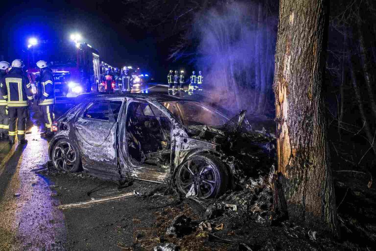 Niemcy: Koszmar podczas wyprzedzania. Auto elektryczne zapaliło się po uderzeniu w drzewo, spłonęły dwie osoby